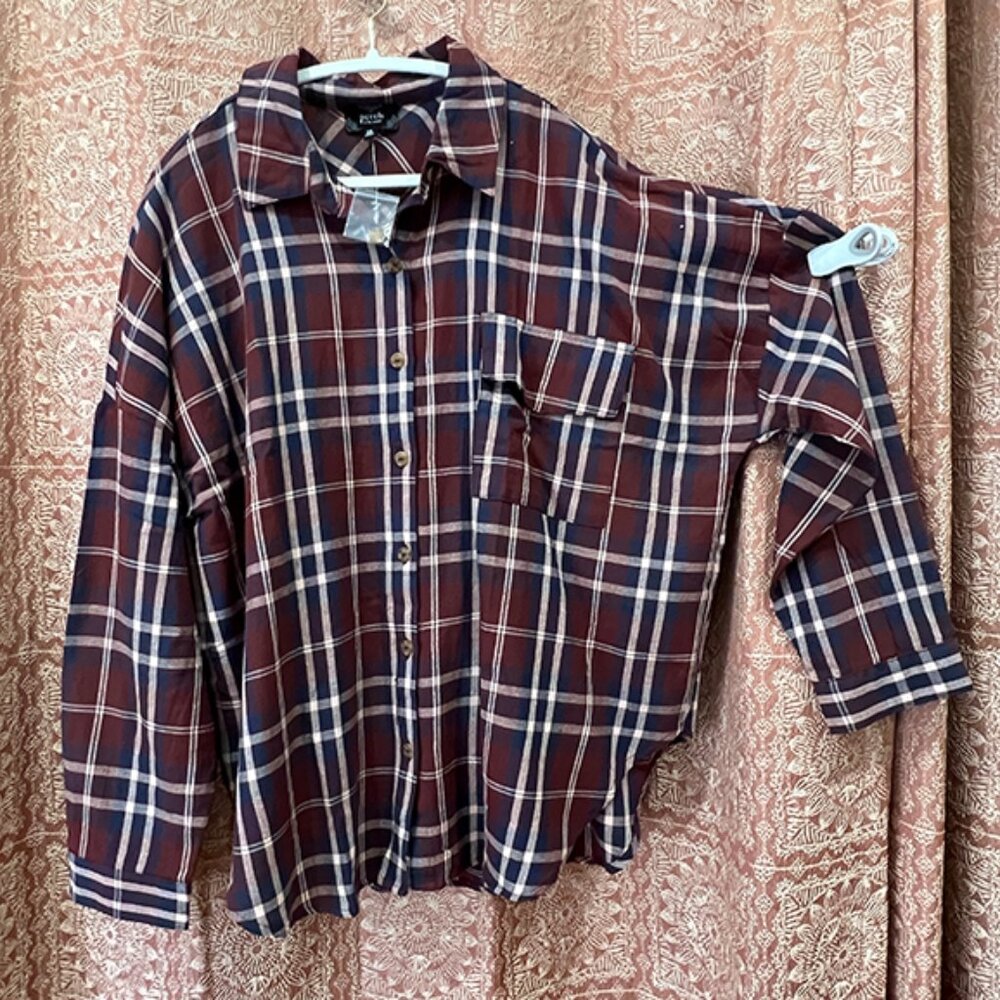 Perch by Blu Pepper Plus-Size Multi-Color Plaid Flannel Shirt  NWT